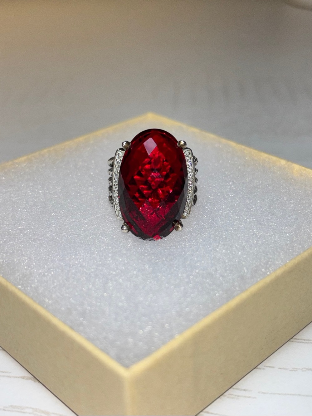 David Yurman Deep Red Oval Cocktail Ring with Diamond Accents